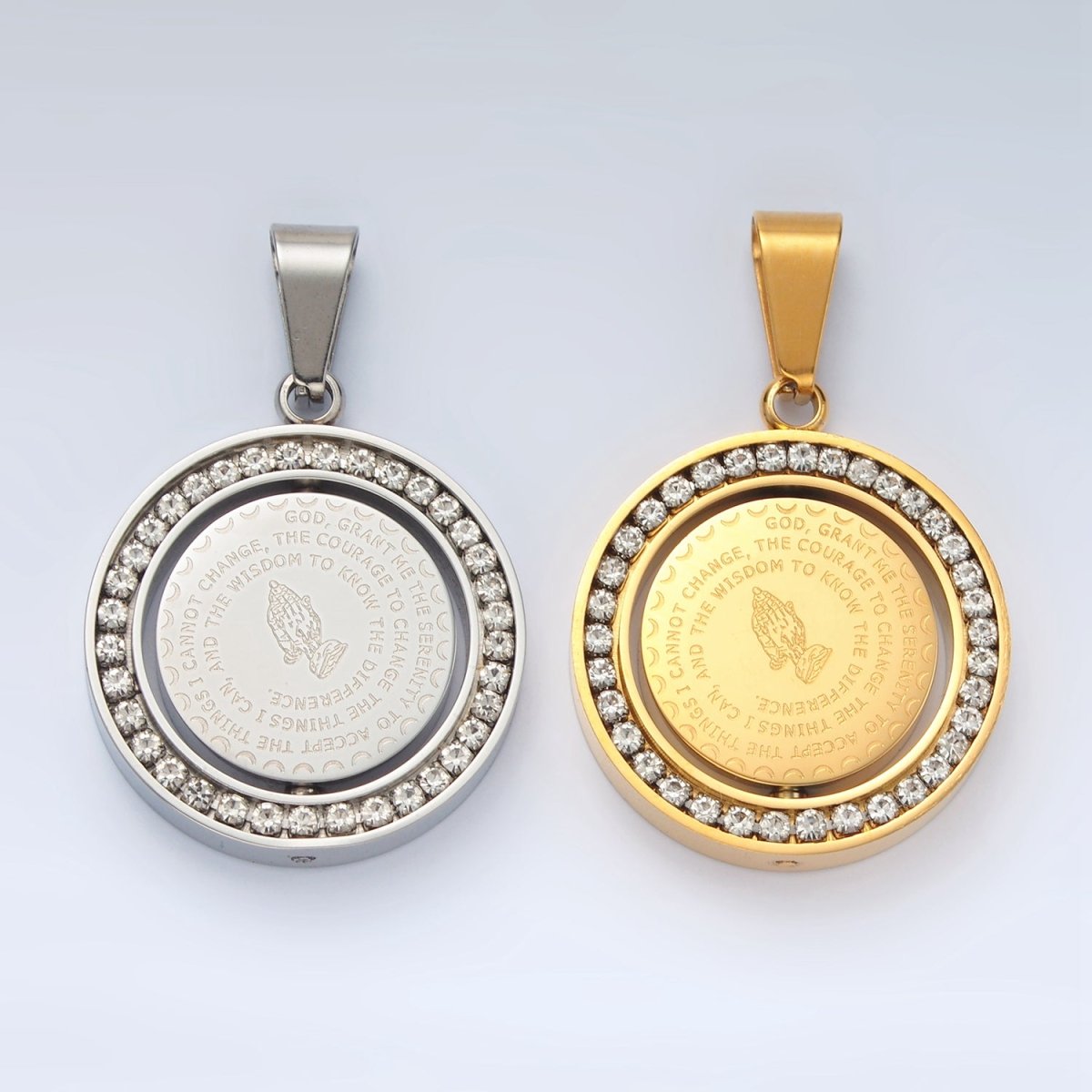 Stainless Steel "Lord's Prayer" Script Swivel Double Sided CZ Bezel Pendant in Gold & Silver | P1463