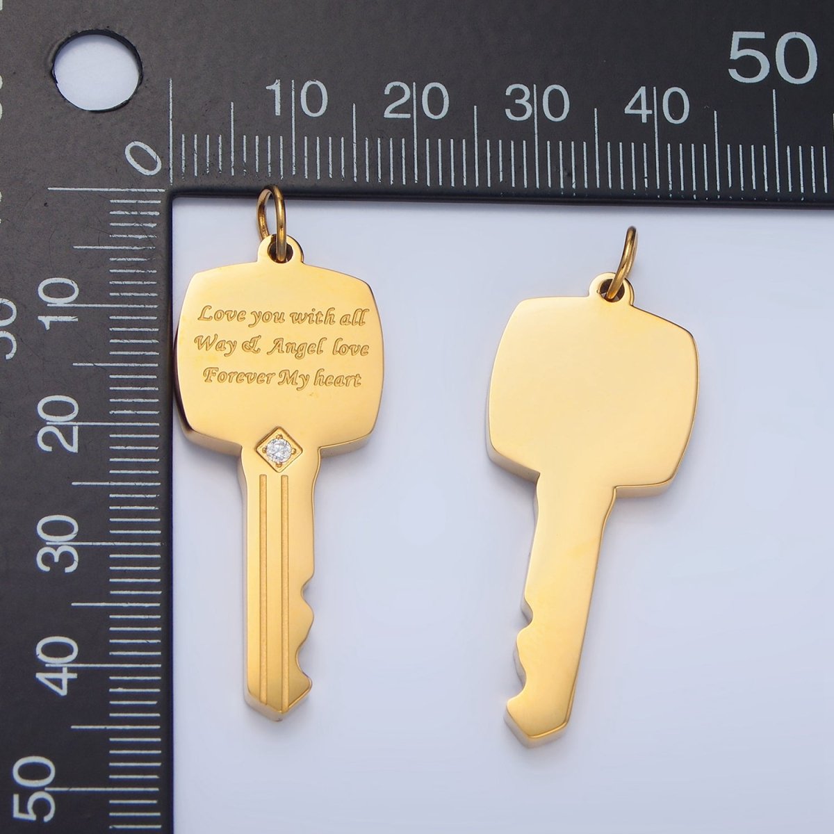 Stainless Steel Love Engraved CZ Key Lock Charm | P1021