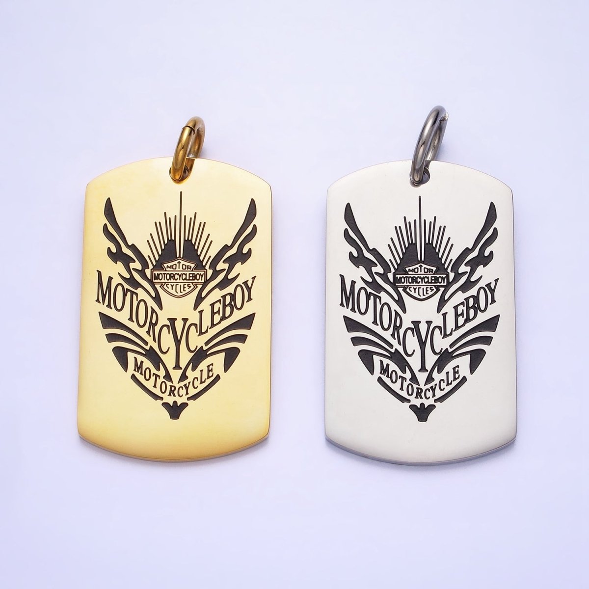 Stainless Steel Masculine "MOTORCYCLEBOY" Black Engraved Tag Charm in Gold & Silver | P-929