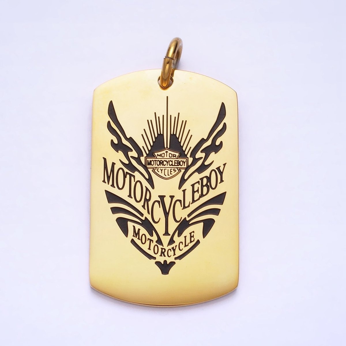 Stainless Steel Masculine "MOTORCYCLEBOY" Black Engraved Tag Charm in Gold & Silver | P-929