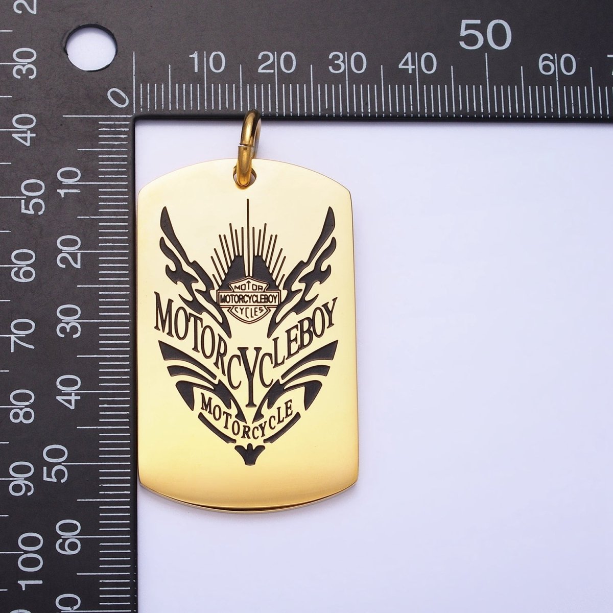 Stainless Steel Masculine "MOTORCYCLEBOY" Black Engraved Tag Charm in Gold & Silver | P-929