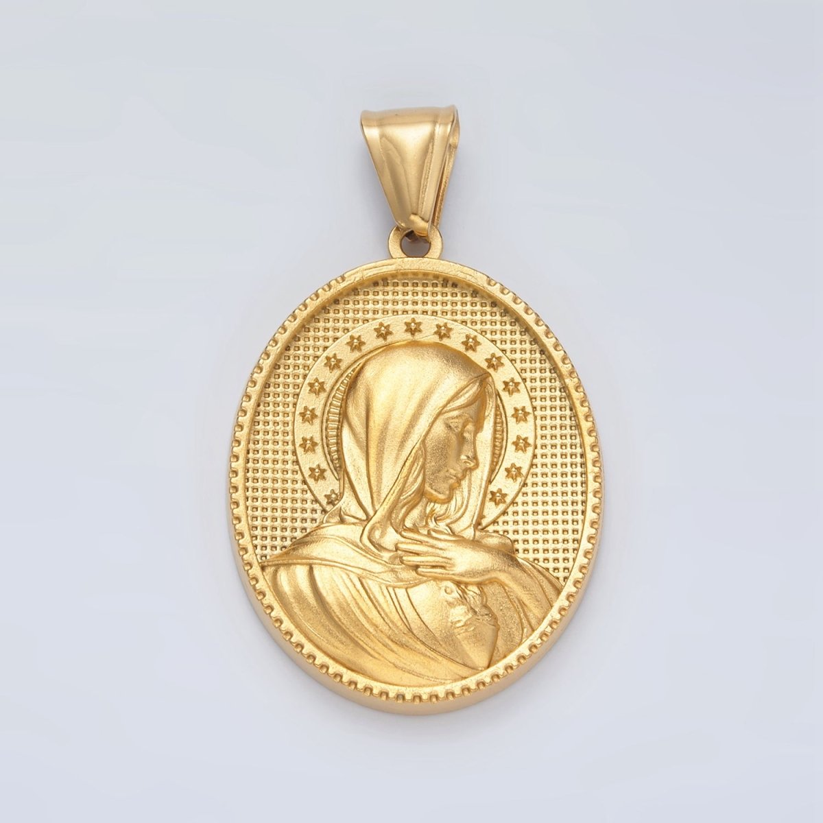 Stainless Steel Miraculous Lady Guadalupe Mary Stars Textured Oval Pendant | P1470