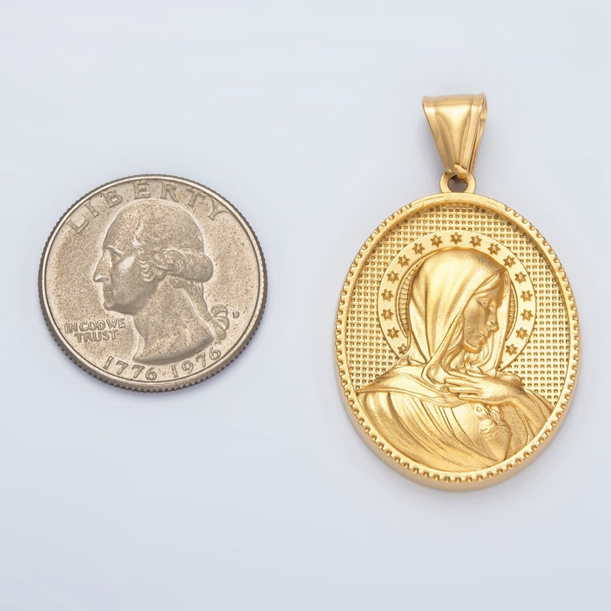 Stainless Steel Miraculous Lady Guadalupe Mary Stars Textured Oval Pendant | P1470