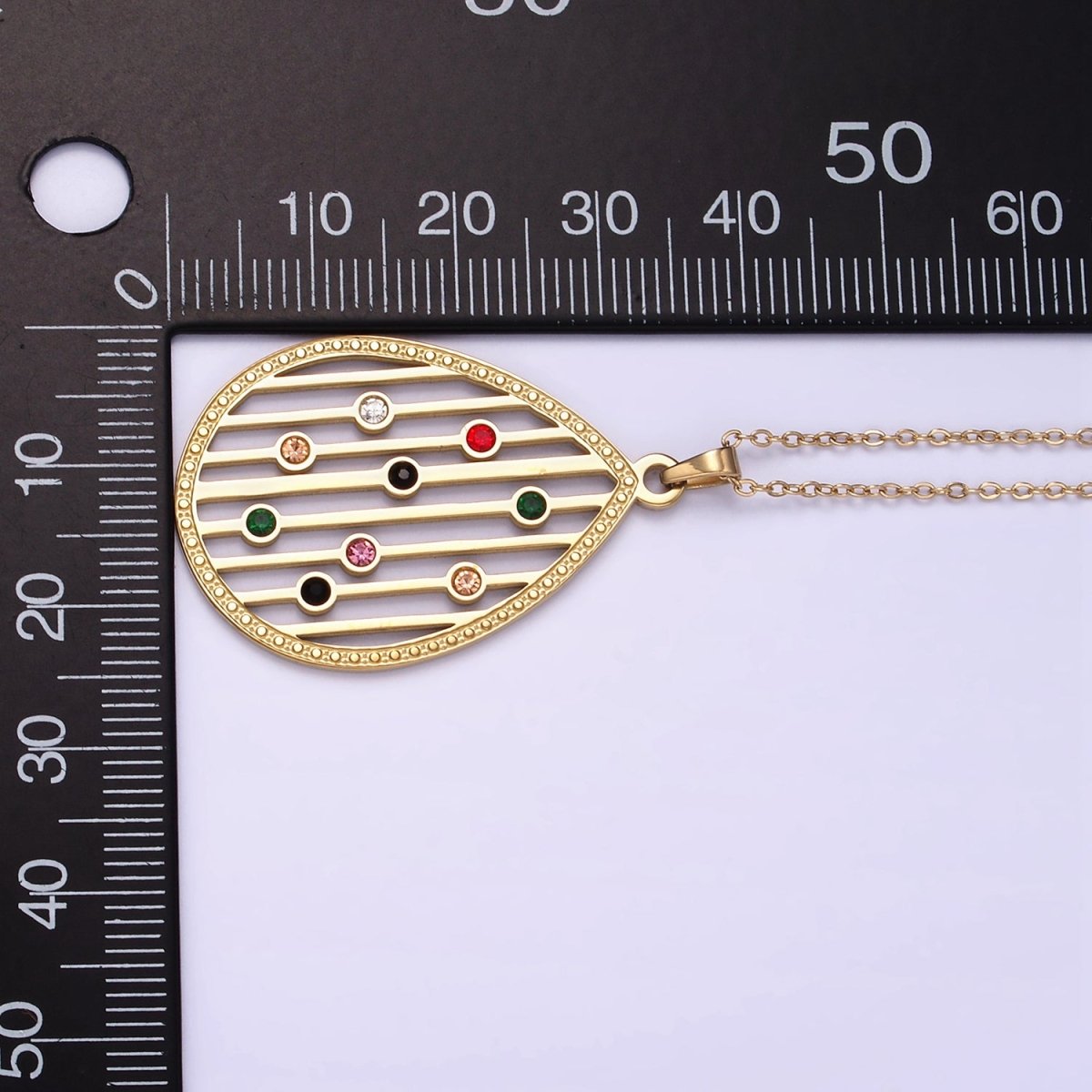Stainless Steel Multicolor CZ Dotted Open Bar Teardrop Pendant Cable Chain 16.5 Inch Necklace | WA-2550