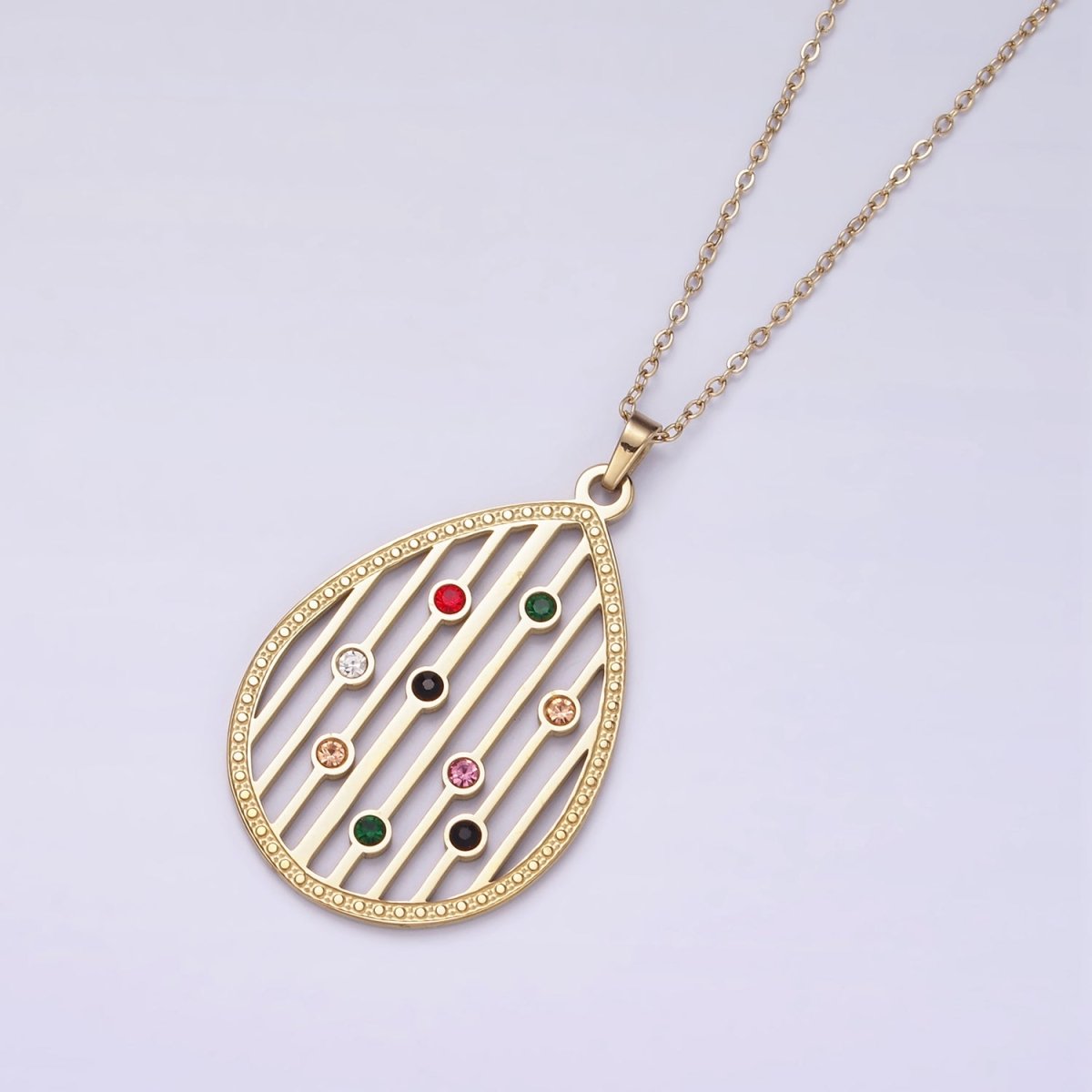 Stainless Steel Multicolor CZ Dotted Open Bar Teardrop Pendant Cable Chain 16.5 Inch Necklace | WA-2550