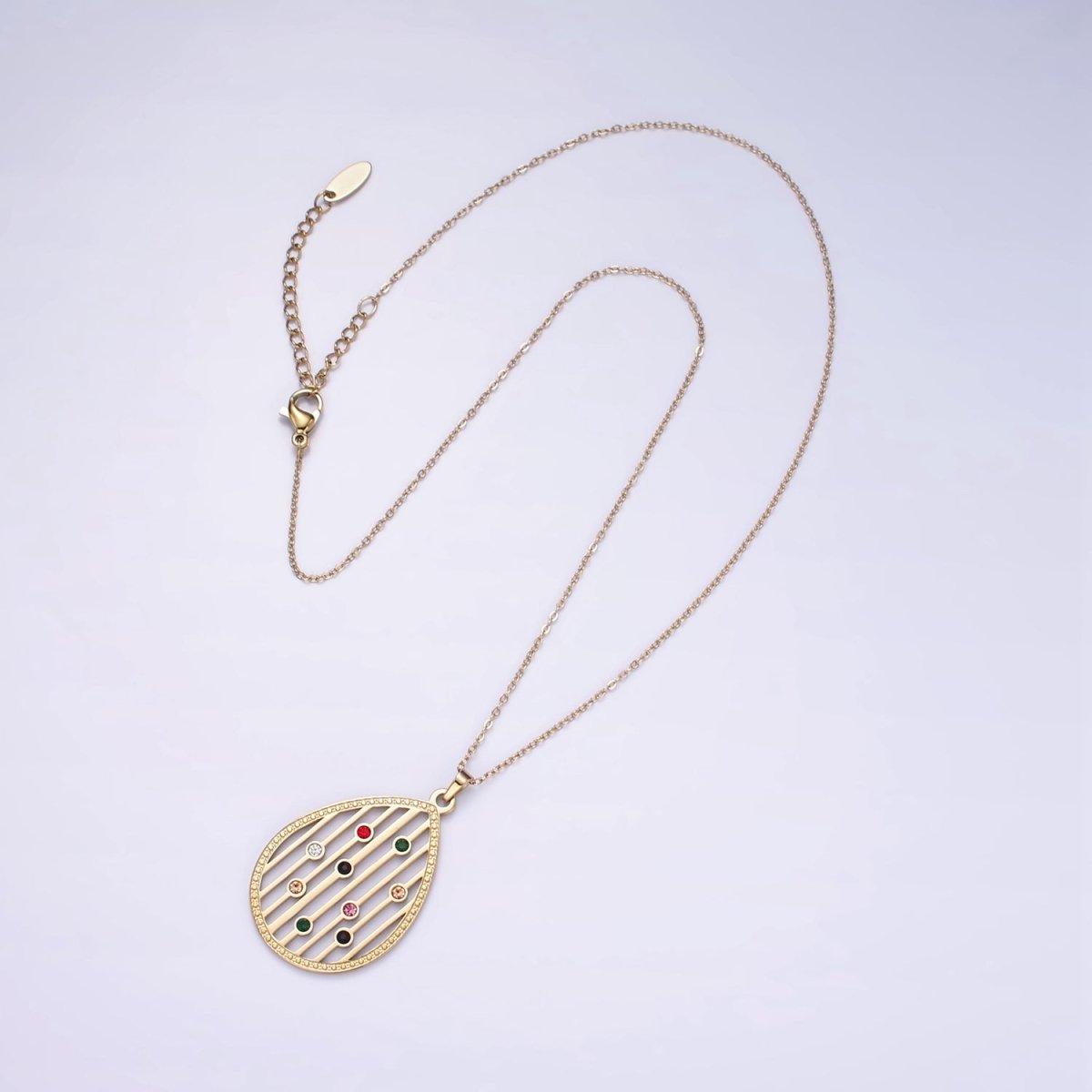 Stainless Steel Multicolor CZ Dotted Open Bar Teardrop Pendant Cable Chain 16.5 Inch Necklace | WA-2550