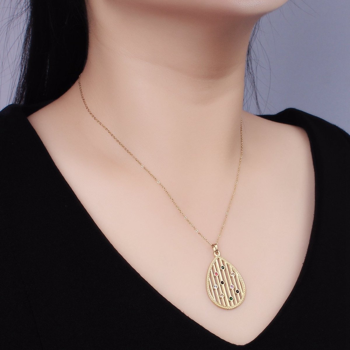 Stainless Steel Multicolor CZ Dotted Open Bar Teardrop Pendant Cable Chain 16.5 Inch Necklace | WA-2550
