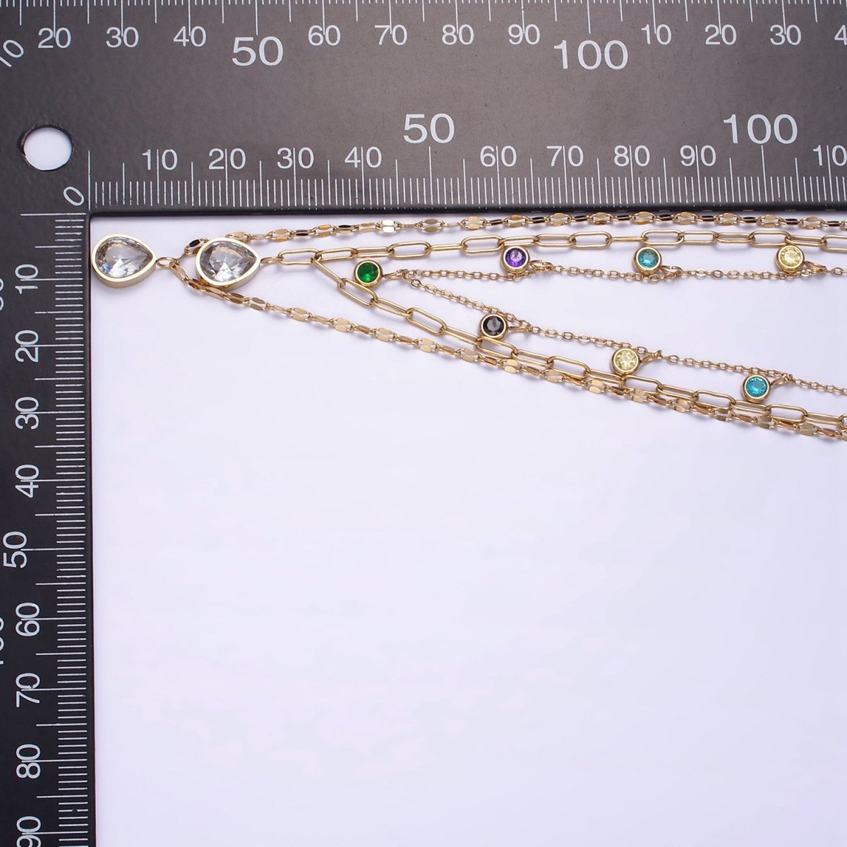 Stainless Steel Multicolor Drop Sunburst, Paperclip, Cable Chain Triple Layering Necklace | WA-2553