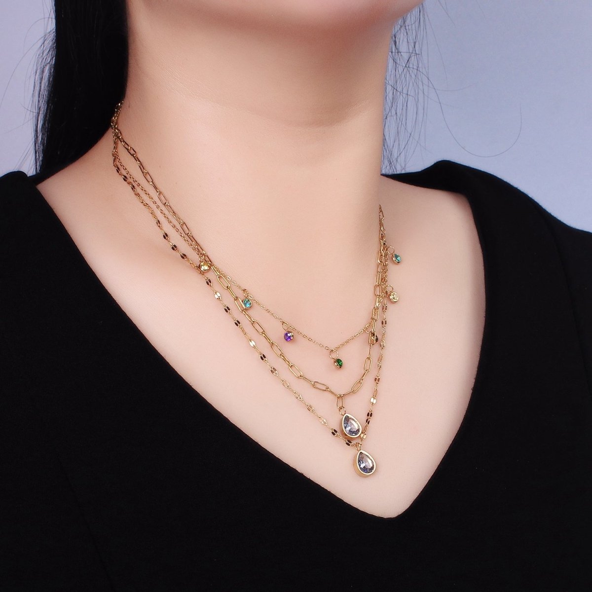 Stainless Steel Multicolor Drop Sunburst, Paperclip, Cable Chain Triple Layering Necklace | WA-2553