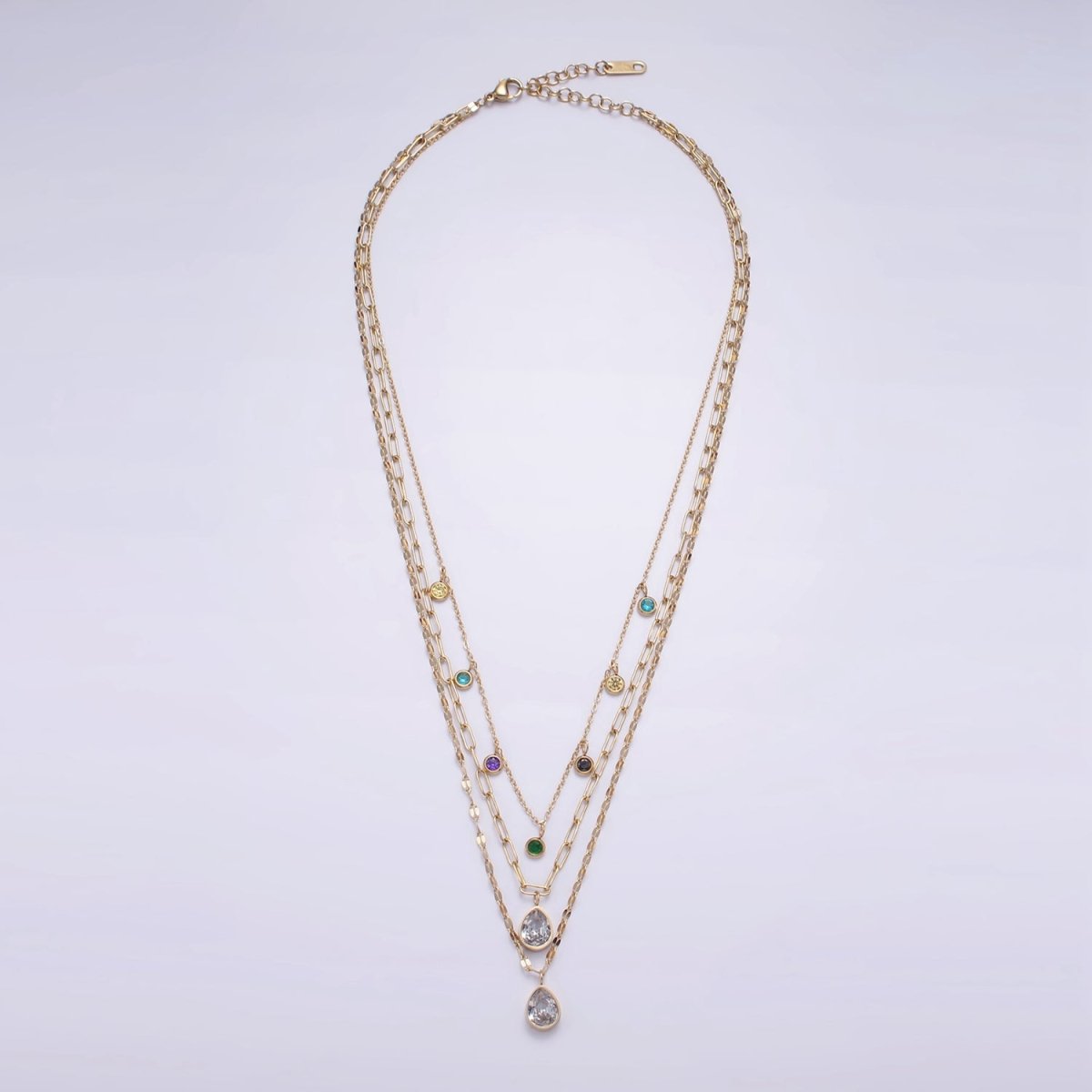 Stainless Steel Multicolor Drop Sunburst, Paperclip, Cable Chain Triple Layering Necklace | WA-2553