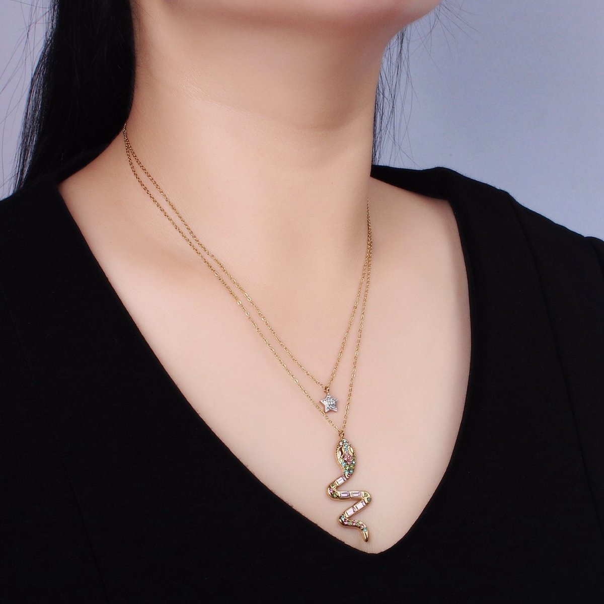 Stainless Steel Multicolor Snake Celestial Star Double Cable Chain Layering Necklace | WA-2554