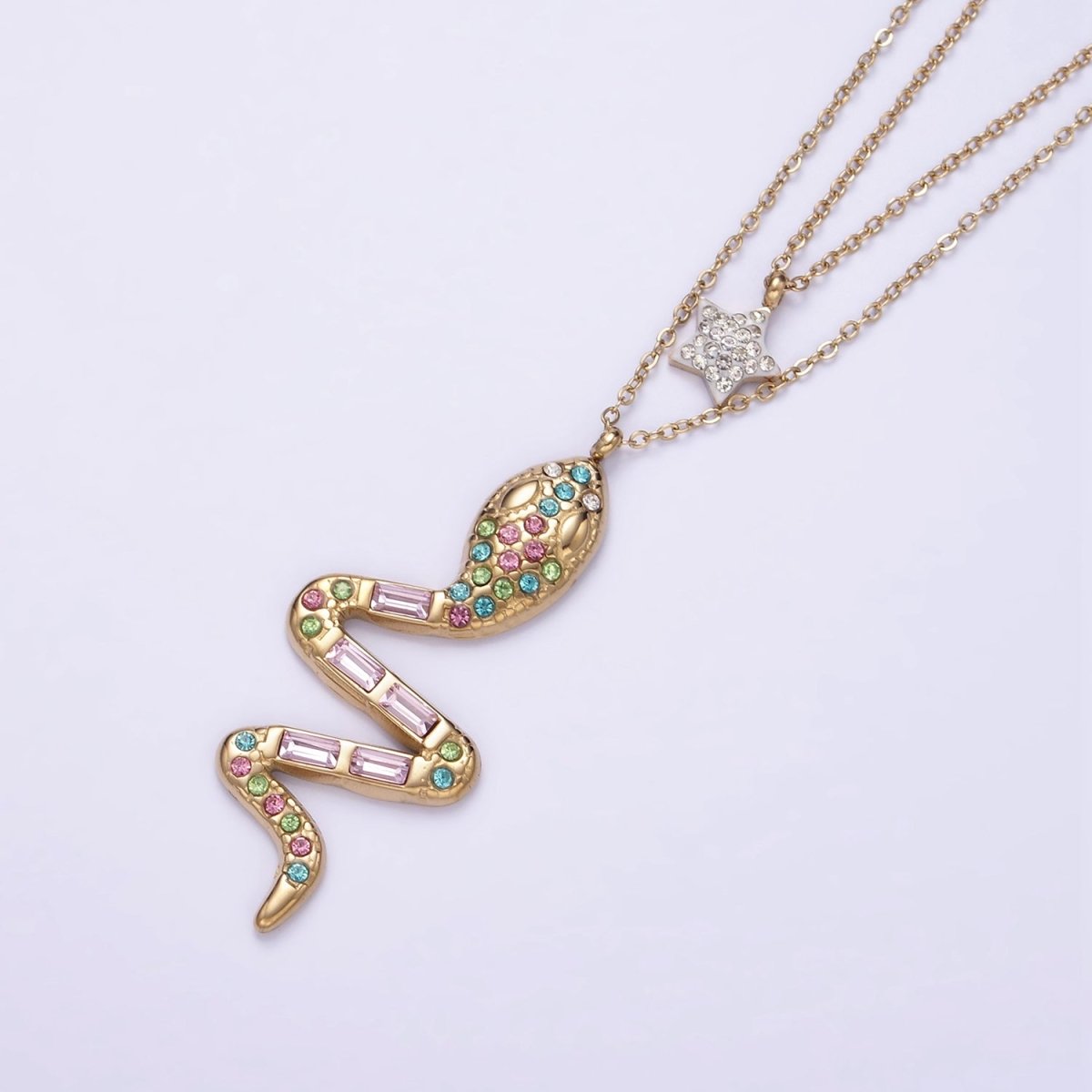 Stainless Steel Multicolor Snake Celestial Star Double Cable Chain Layering Necklace | WA-2554