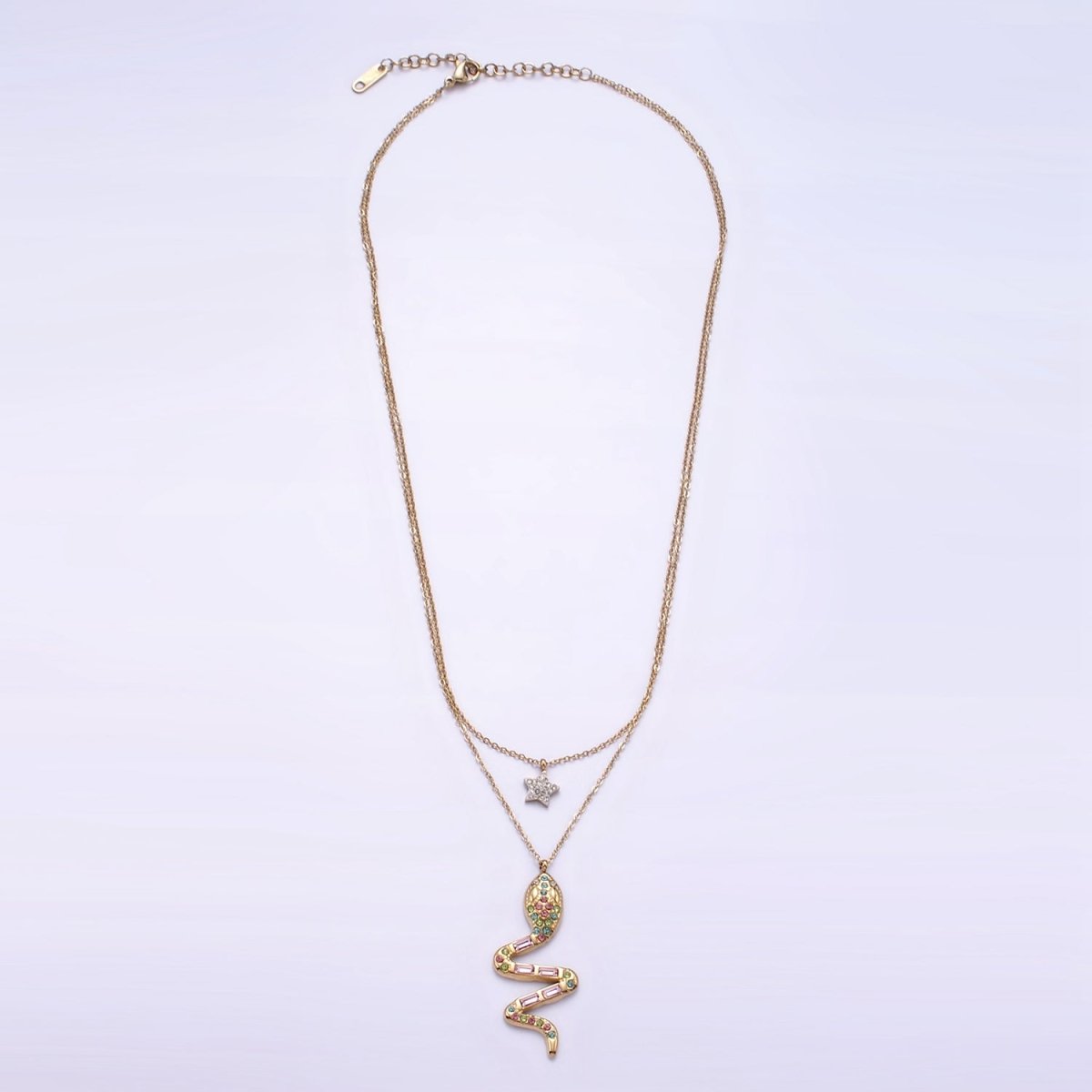 Stainless Steel Multicolor Snake Celestial Star Double Cable Chain Layering Necklace | WA-2554