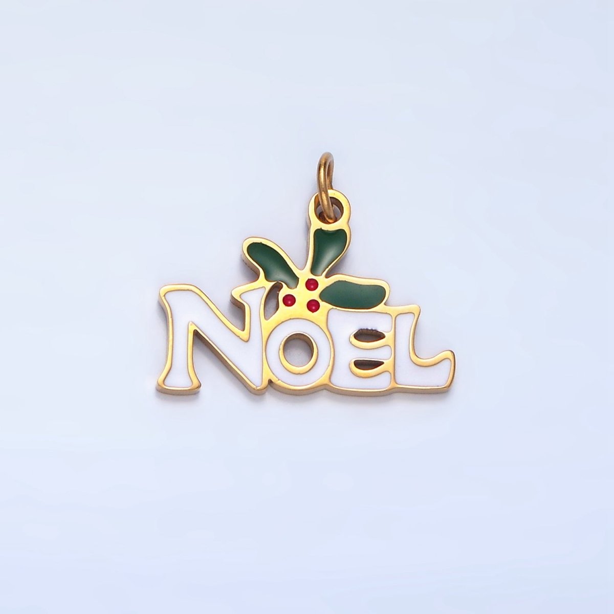 Stainless Steel "Noel" Script Mistletoe Enamel Christmas Holiday Charm | P1345