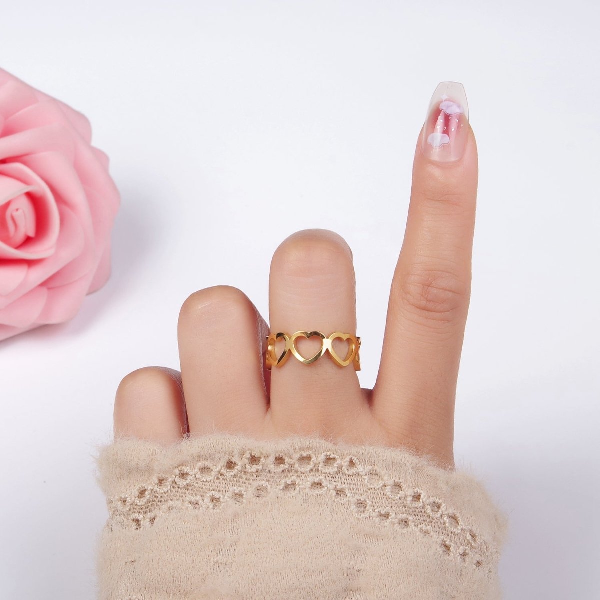 Gold Stainless Steel Open Heart Love Adjustable Ring | O881