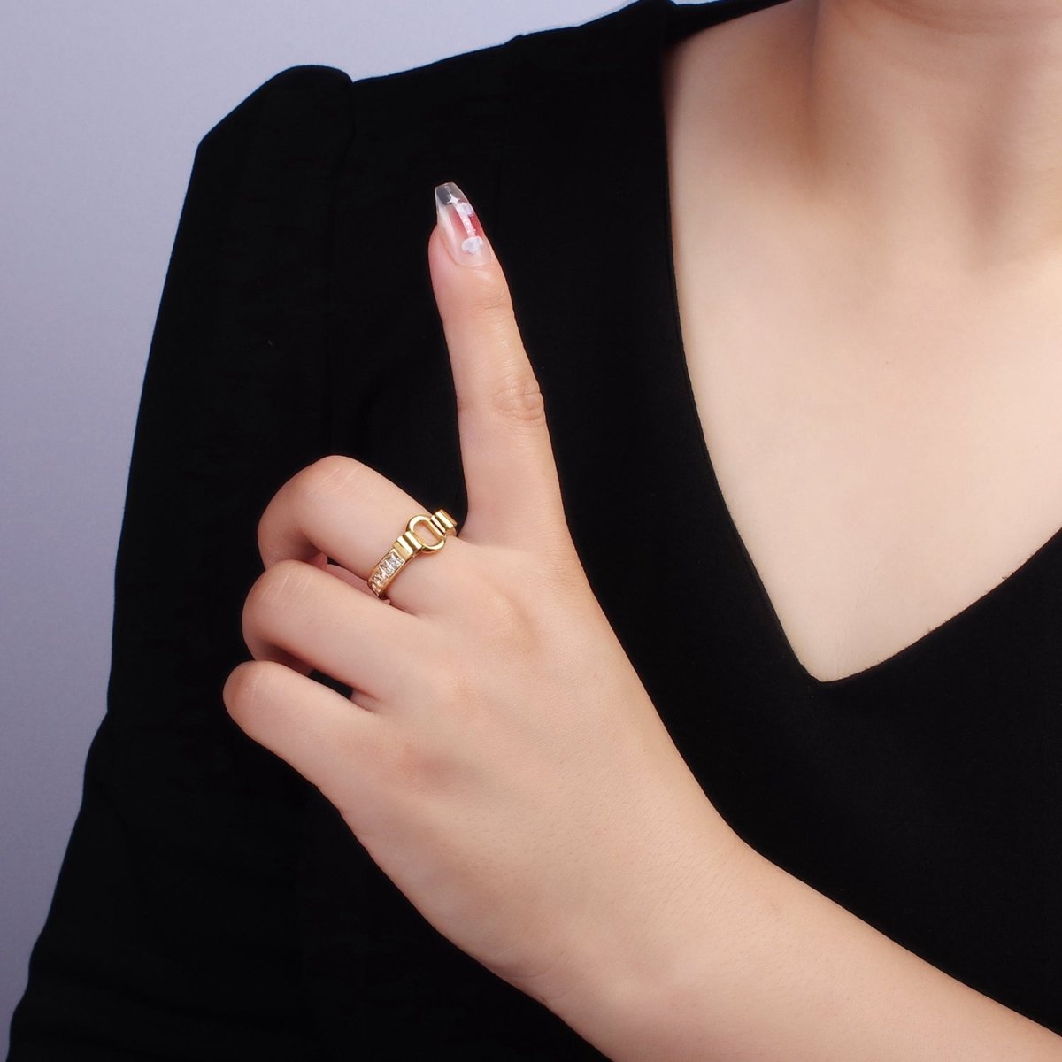 Stainless Steel Open Round Baguette Lined Ring | U048 - U050