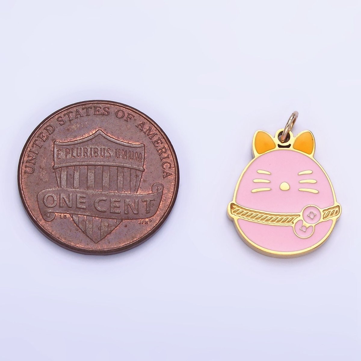 Stainless Steel Pink Fortune Coin Cat Enamel Charm | P1012