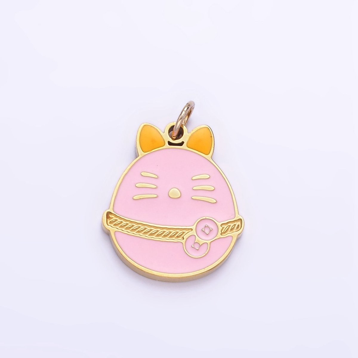 Stainless Steel Pink Fortune Coin Cat Enamel Charm | P1012