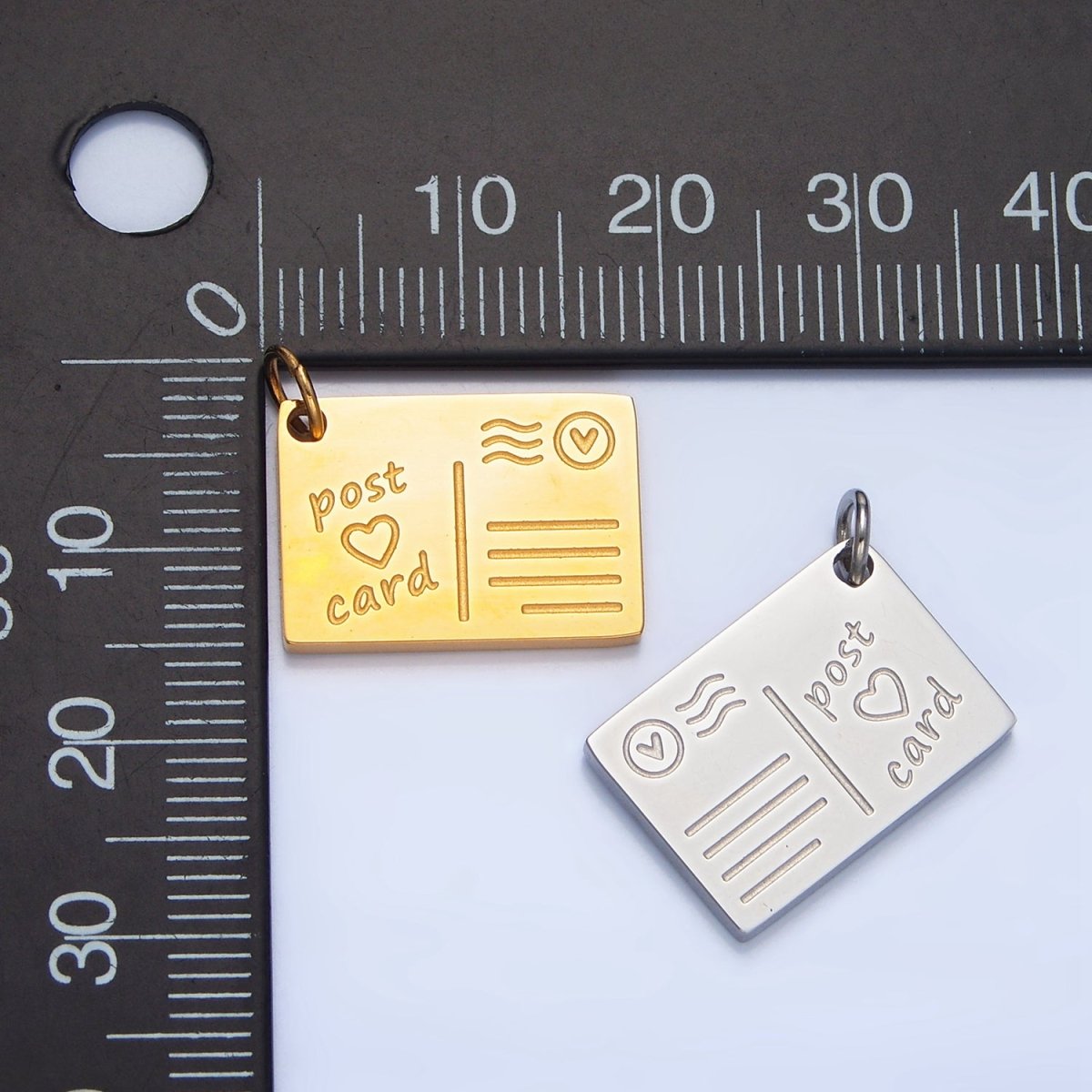 Stainless Steel "Post Card" Heart Script Engraved Charm in Gold & Silver | P1262