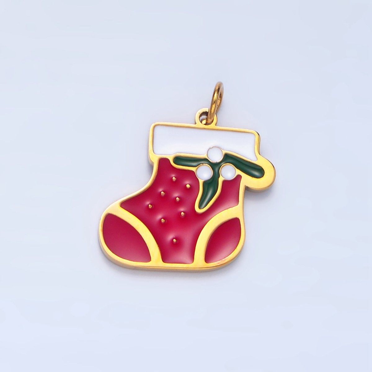Stainless Steel Red Enamel Mistletoe Stocking Socks Christmas Holiday Charm | P1491