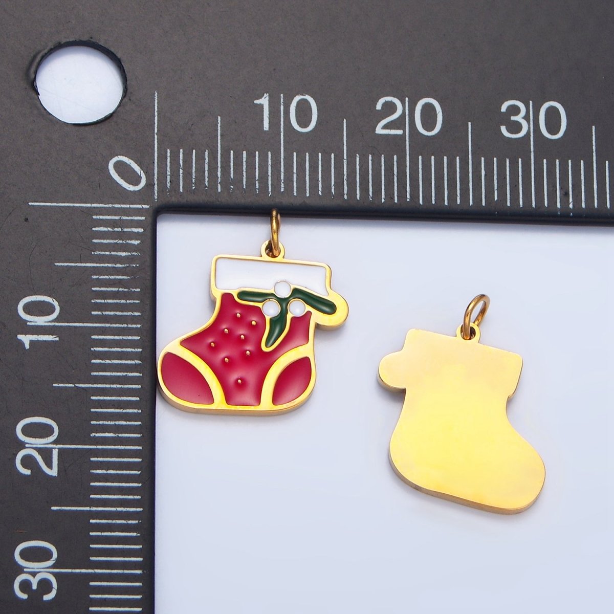 Stainless Steel Red Enamel Mistletoe Stocking Socks Christmas Holiday Charm | P1491