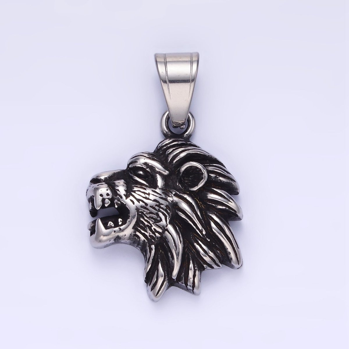 Stainless Steel Roaring Lion Head Safari Animal Oxidized Silver Pendant | P1453