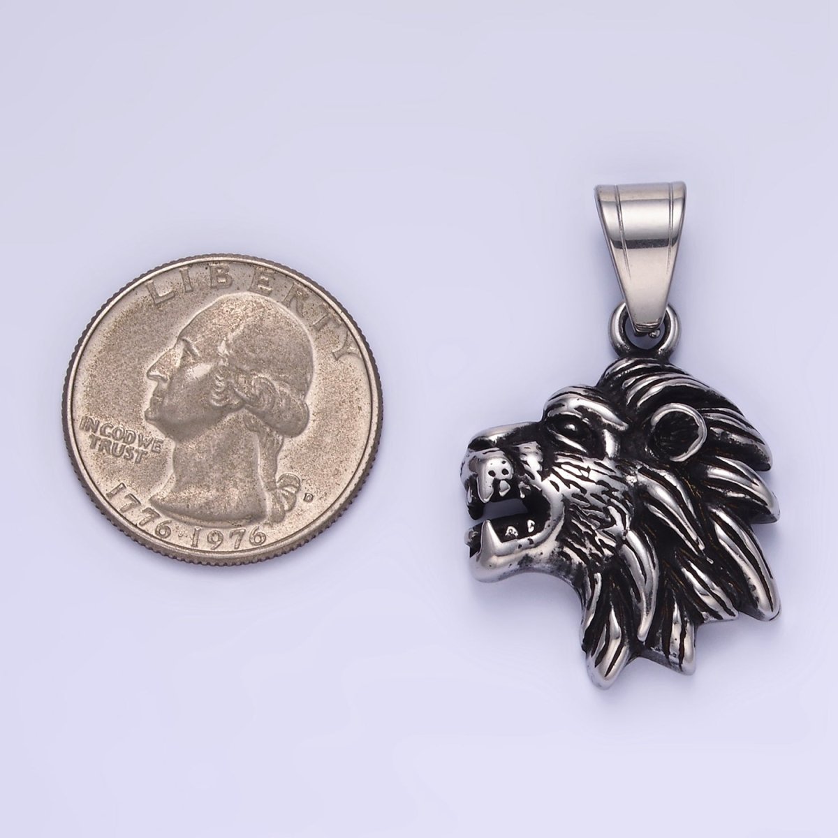 Stainless Steel Roaring Lion Head Safari Animal Oxidized Silver Pendant | P1453
