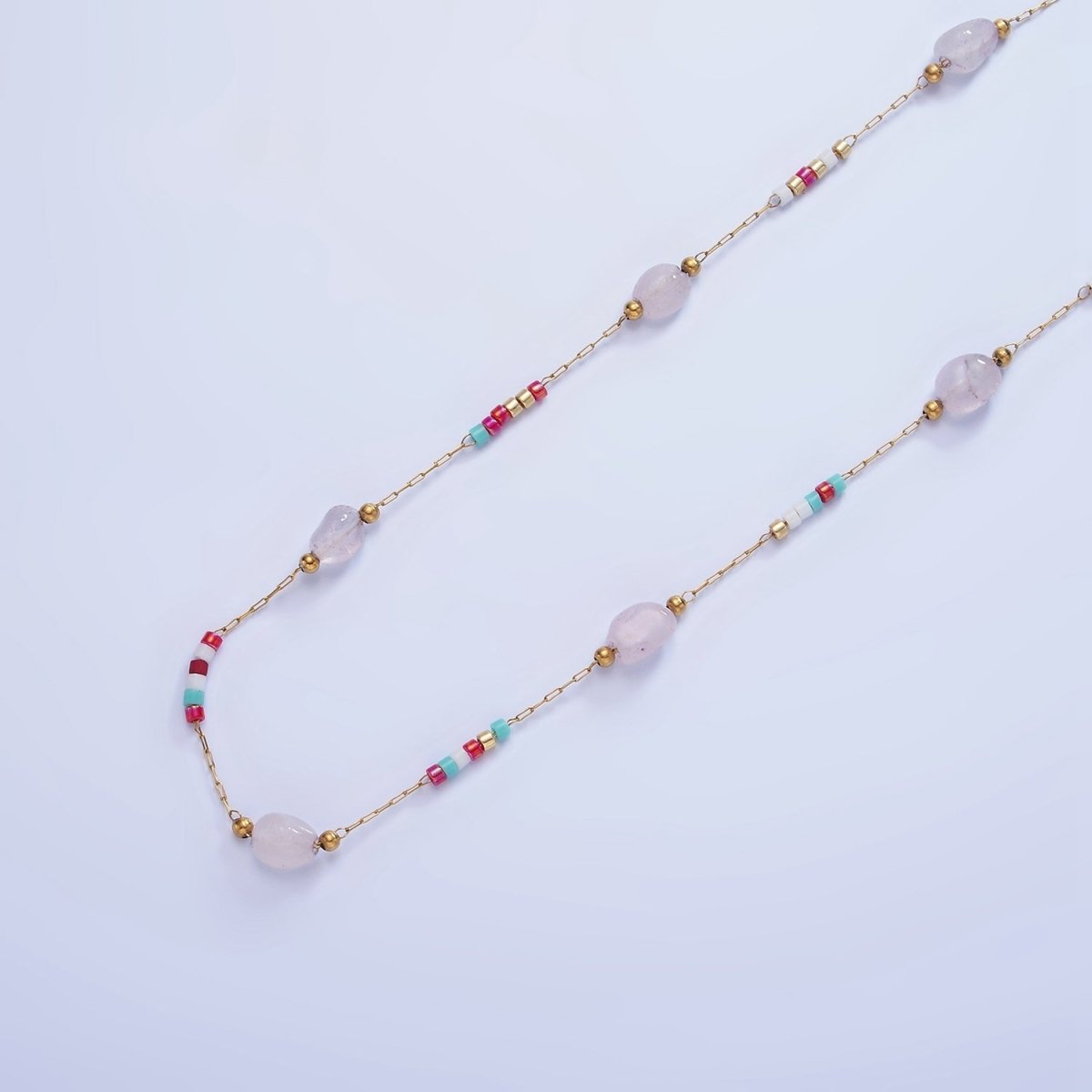 Stainless Steel Rose Quartz Multicolor Rhondelle Bead Paperclip Chain by Yard | ROLL-1511