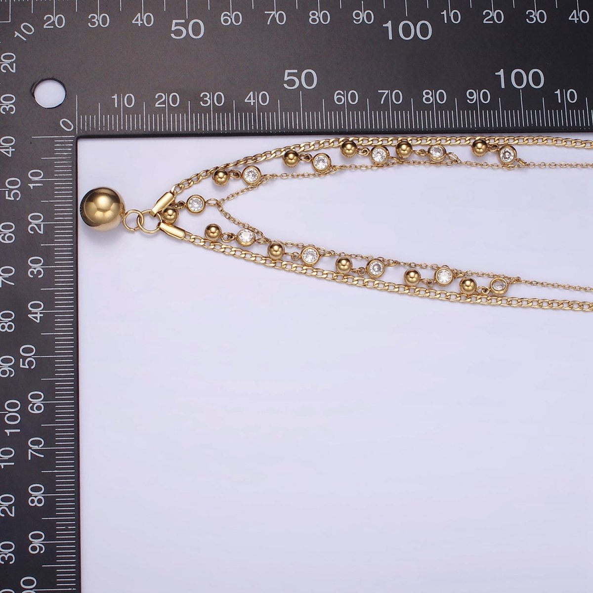 Stainless Steel Round Beaded CZ Drop Curb Cable Chain Double Layering Necklace | WA-2542
