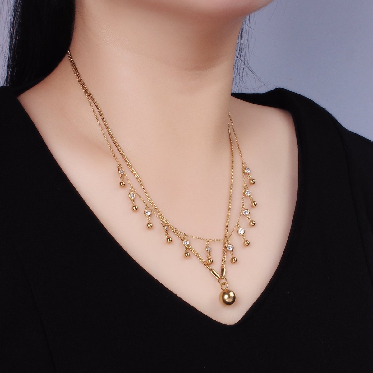 Stainless Steel Round Beaded CZ Drop Curb Cable Chain Double Layering Necklace | WA-2542