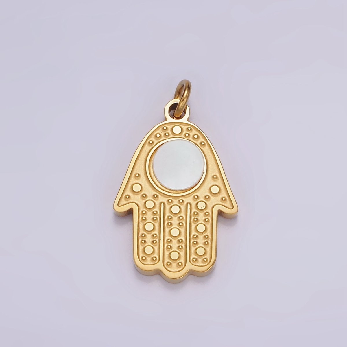 Stainless Steel Shell Pearl Round Hamsa Hand God Evil Eye Dotted Charm | P-665