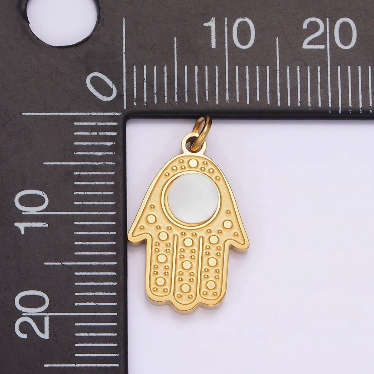 Stainless Steel Shell Pearl Round Hamsa Hand God Evil Eye Dotted Charm | P-665