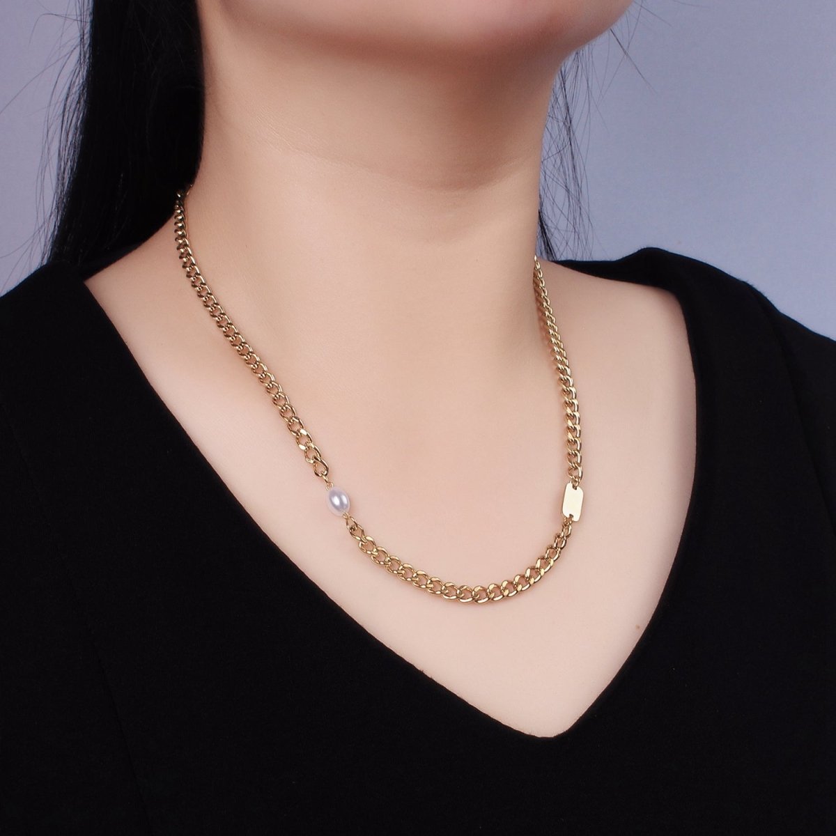 Stainless Steel Shell Pearl Tag Curb Chain 18 Inch Necklace w. 2 Inch Extender | WA-2543