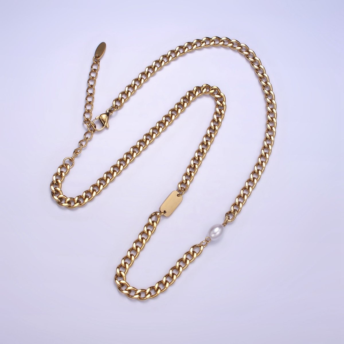 Stainless Steel Shell Pearl Tag Curb Chain 18 Inch Necklace w. 2 Inch Extender | WA-2543