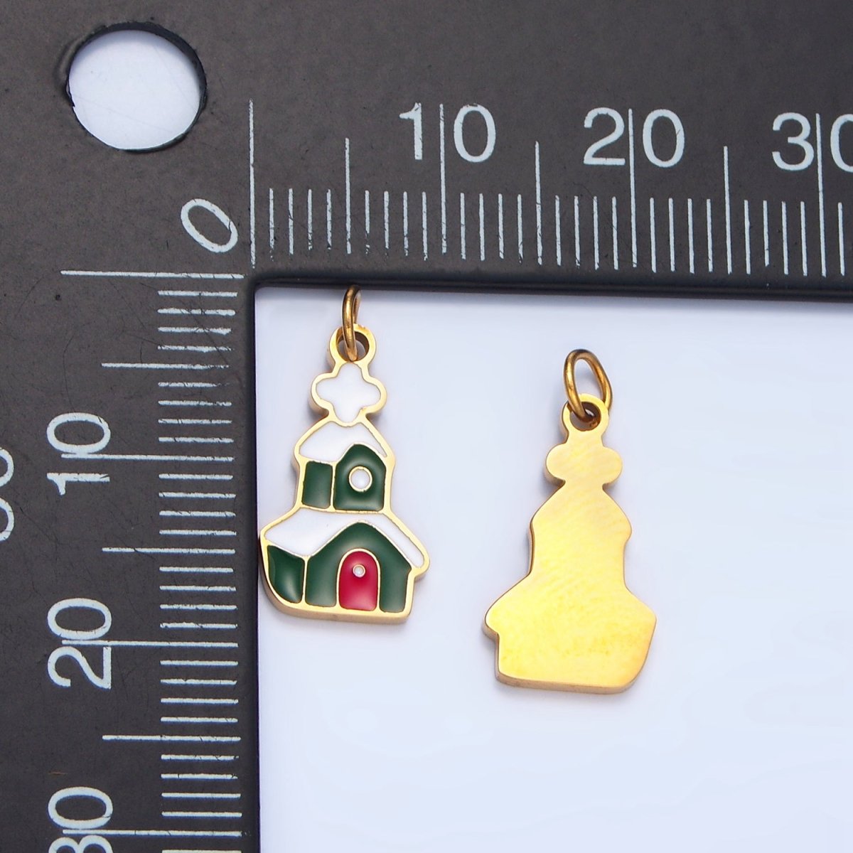 Stainless Steel Snowy Green Enamel House Church Christmas Holiday Charm | P1494