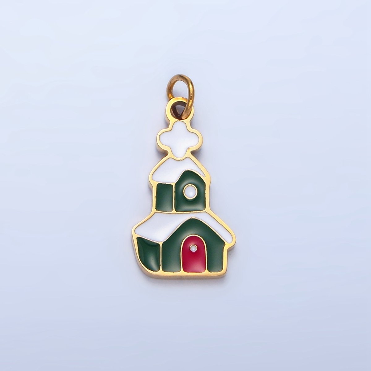 Stainless Steel Snowy Green Enamel House Church Christmas Holiday Charm | P1494