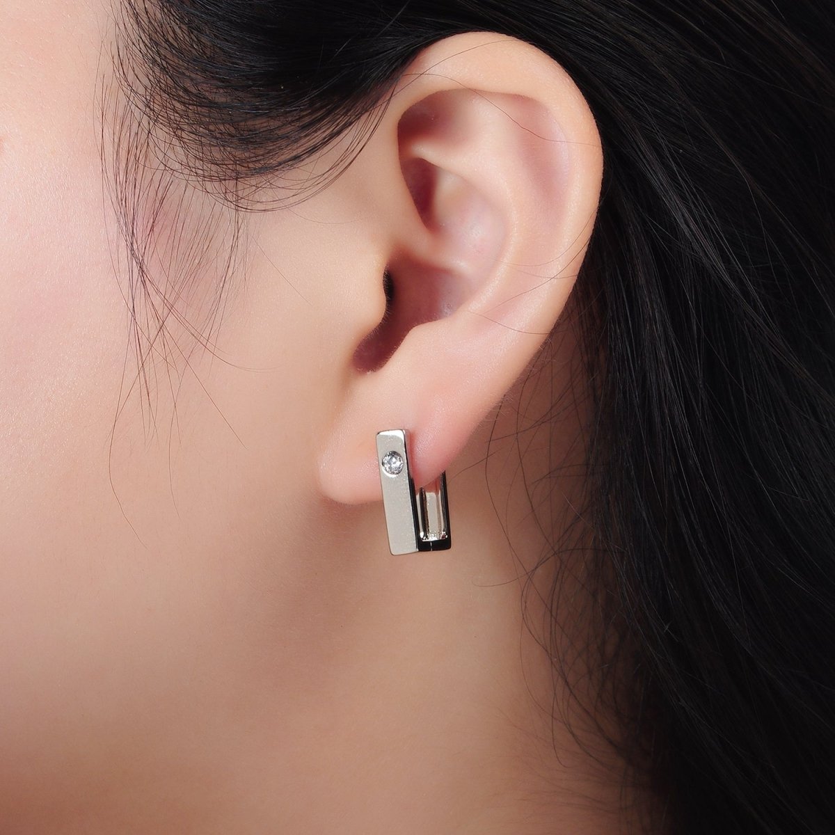 White Gold Filled 17mm Clear CZ Square Huggie Earrings | AD670