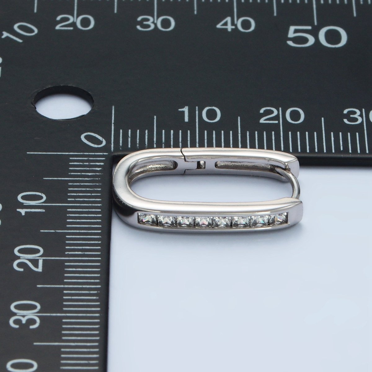 White Gold Filled 22mm Clear CZ Lined Oblong Hoop Earrings | AD667