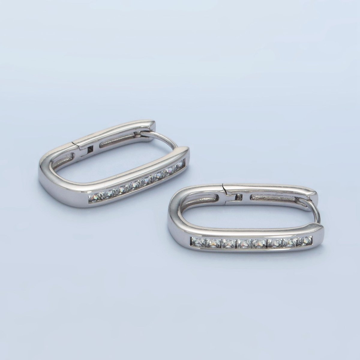 White Gold Filled 22mm Clear CZ Lined Oblong Hoop Earrings | AD667