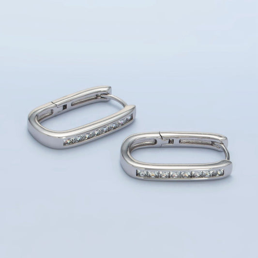 White Gold Filled 22mm Clear CZ Lined Oblong Hoop Earrings | AD667