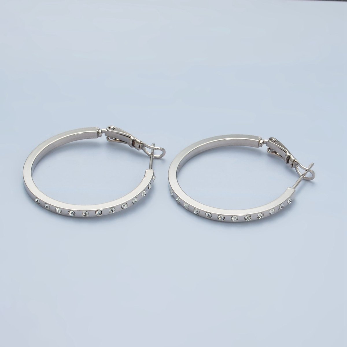 White Gold Filled 30mm CZ Dotted Hinge Hoop Earrings | AD668
