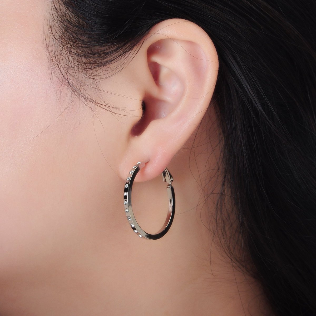 White Gold Filled 30mm CZ Dotted Hinge Hoop Earrings | AD668