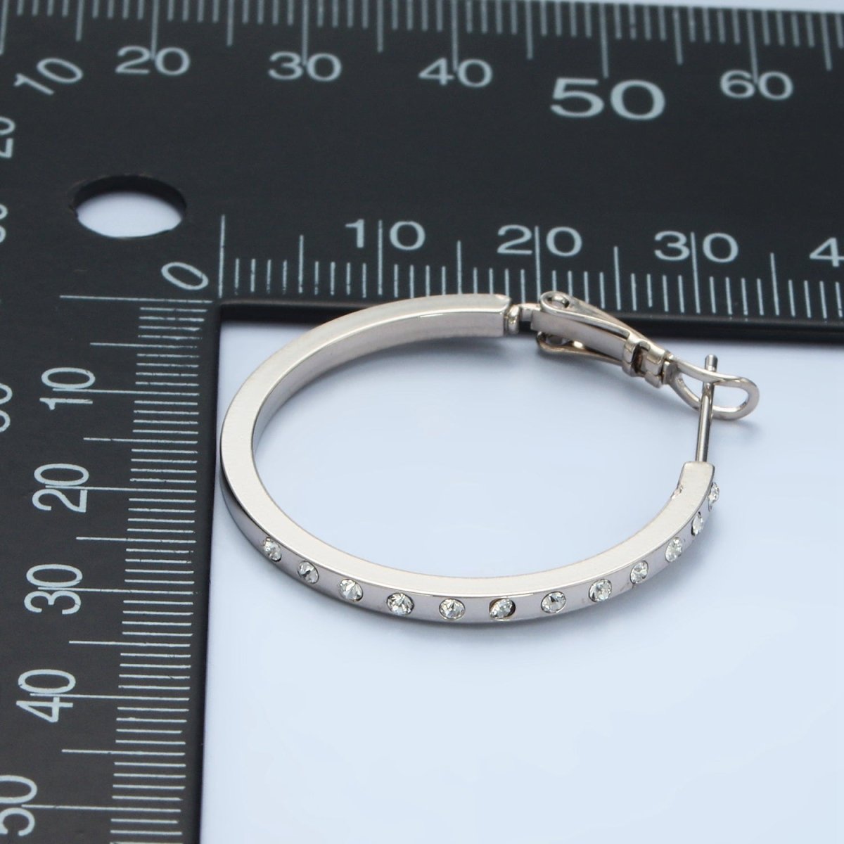 White Gold Filled 30mm CZ Dotted Hinge Hoop Earrings | AD668