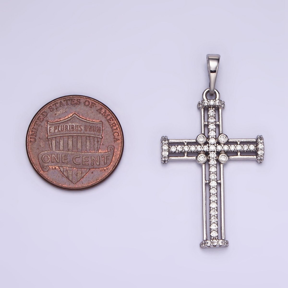 White Gold Filled 40mm Multiple Band Micro Paved CZ Religious Cross Pendant | I400