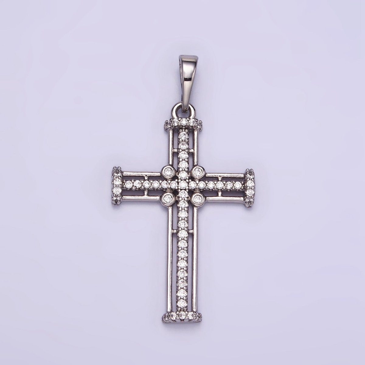 White Gold Filled 40mm Multiple Band Micro Paved CZ Religious Cross Pendant | I400