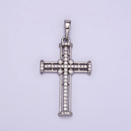 White Gold Filled 40mm Multiple Band Micro Paved CZ Religious Cross Pendant | I400