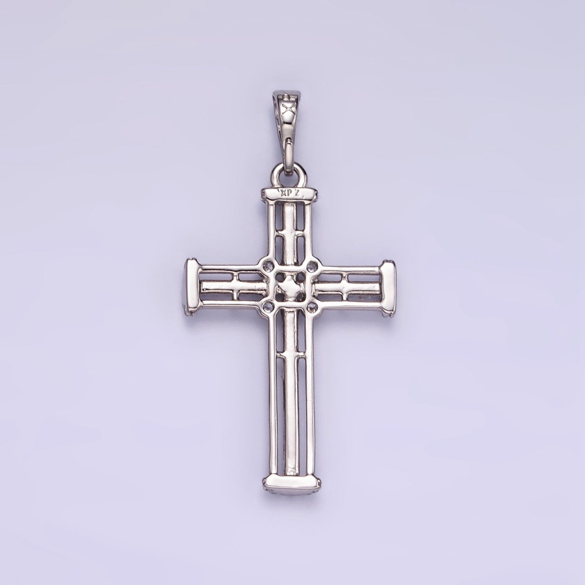 White Gold Filled 40mm Multiple Band Micro Paved CZ Religious Cross Pendant | I400