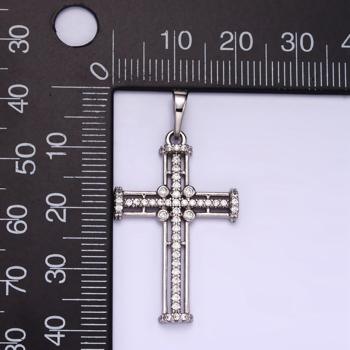 White Gold Filled 40mm Multiple Band Micro Paved CZ Religious Cross Pendant | I400