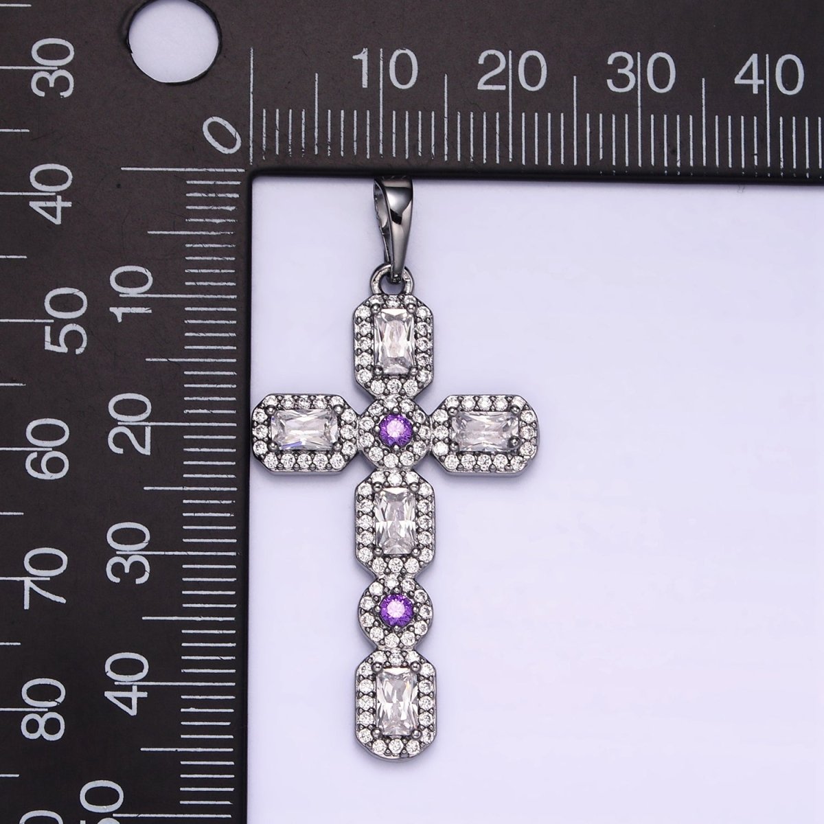 White Gold Filled 45mm Baguette Micro Paved CZ Religious Cross Pendant | I441