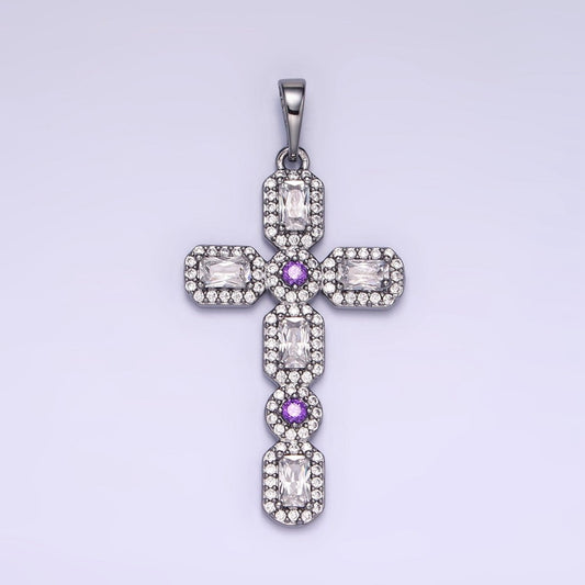 White Gold Filled 45mm Baguette Micro Paved CZ Religious Cross Pendant | I441